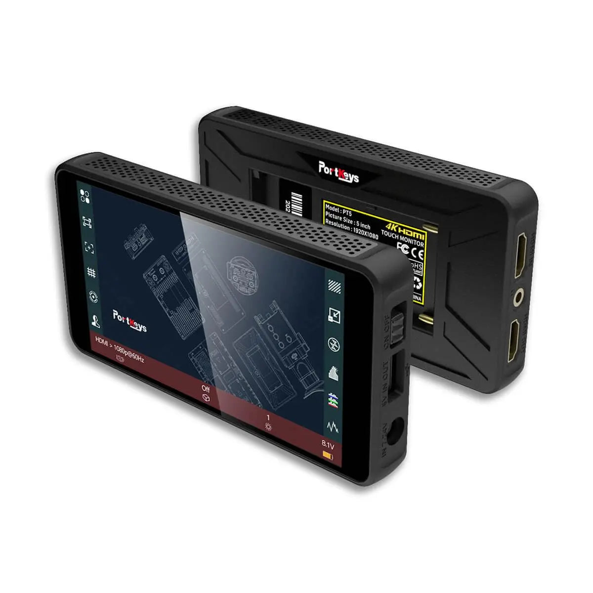 Portkeys PT5 II 5.4-Inch 4K HDMI Touchscreen Camera Monitor | Wide Color Gamut | LUT Support | Waveform | Focus Peaking | portkeys
