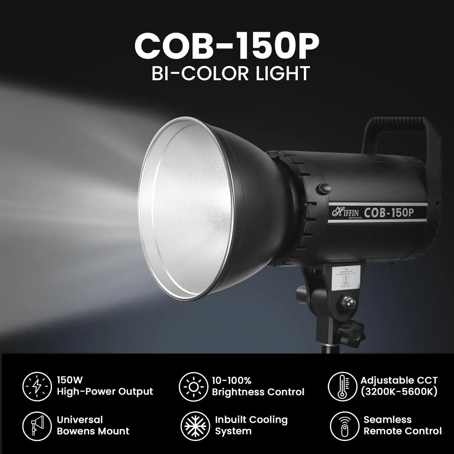 HIFFIN COB-150P 150W Bi-Color LED Video Light for Photography & Videography | 3200K-5600K | 13800 Lux @1m | 18cm Reflector | Infrared Remote Control Hiffin