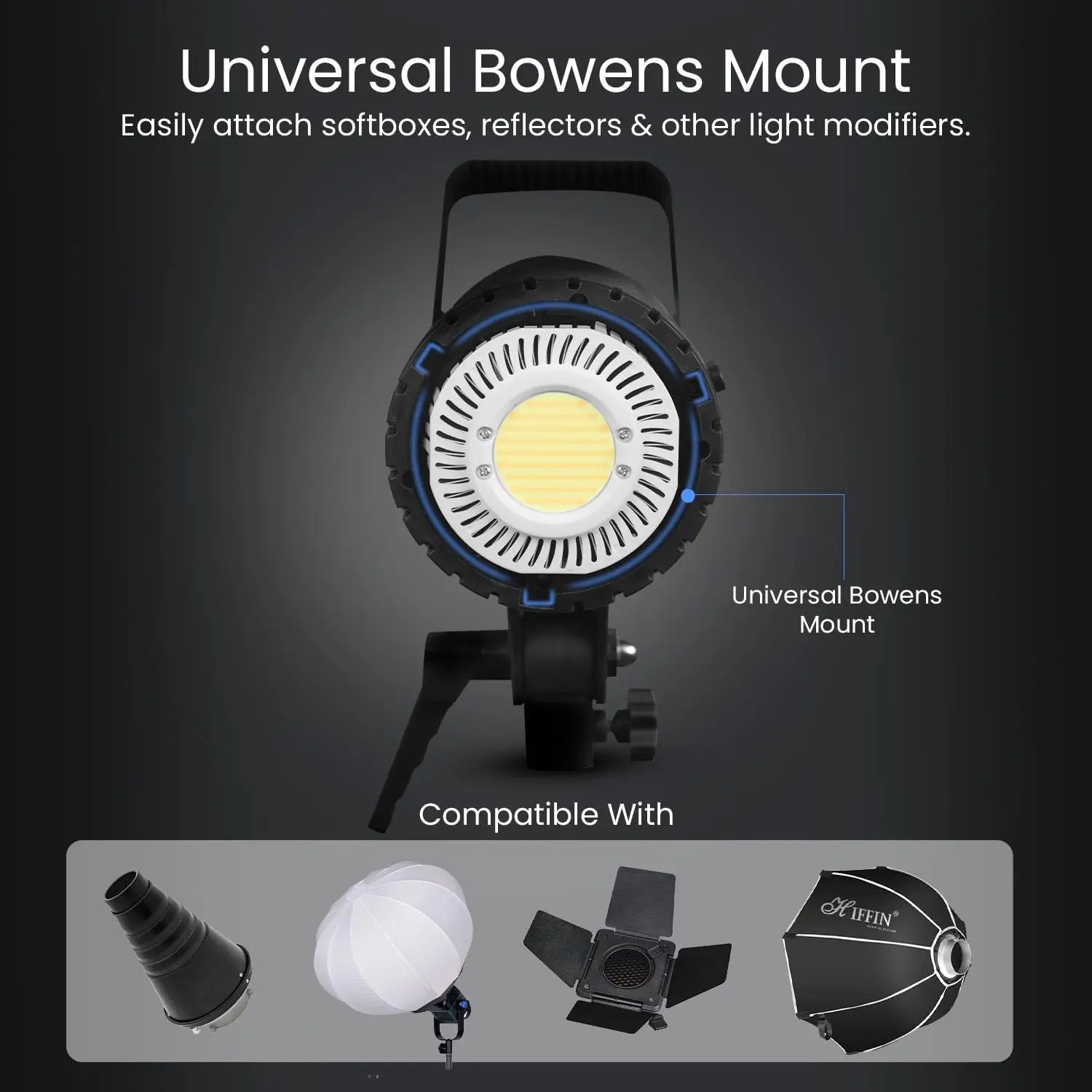 HIFFIN COB-150P 150W Bi-Color LED Video Light for Photography & Videography | 3200K-5600K | 13800 Lux @1m | 18cm Reflector | Infrared Remote Control Hiffin