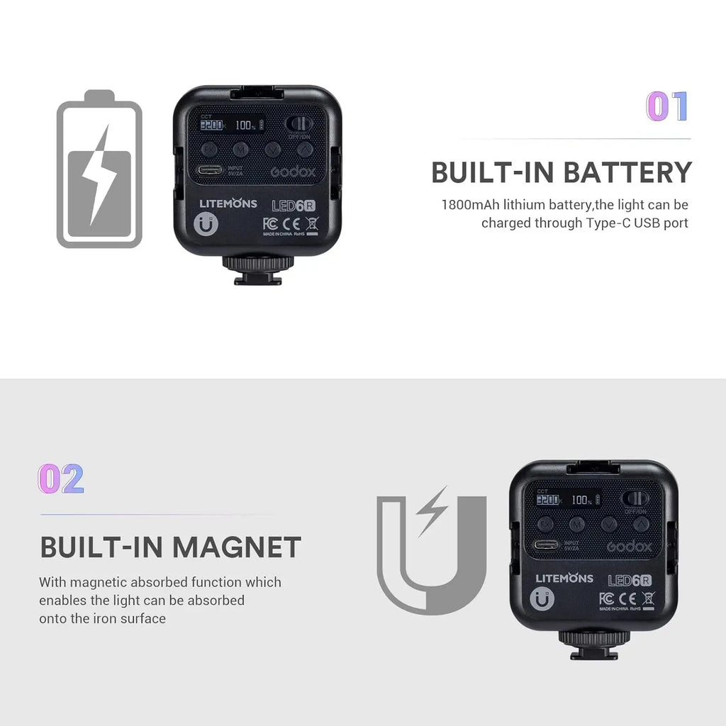 Godox LITEMONS LED6R RGB Rechargeable Magnetic Video Light for Vlogging Godox