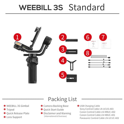 ZHIYUN Weebill 3S Camera Gimbal Stabilizer for DSLR, 3-Axis Handheld Support, Compact Design, Black