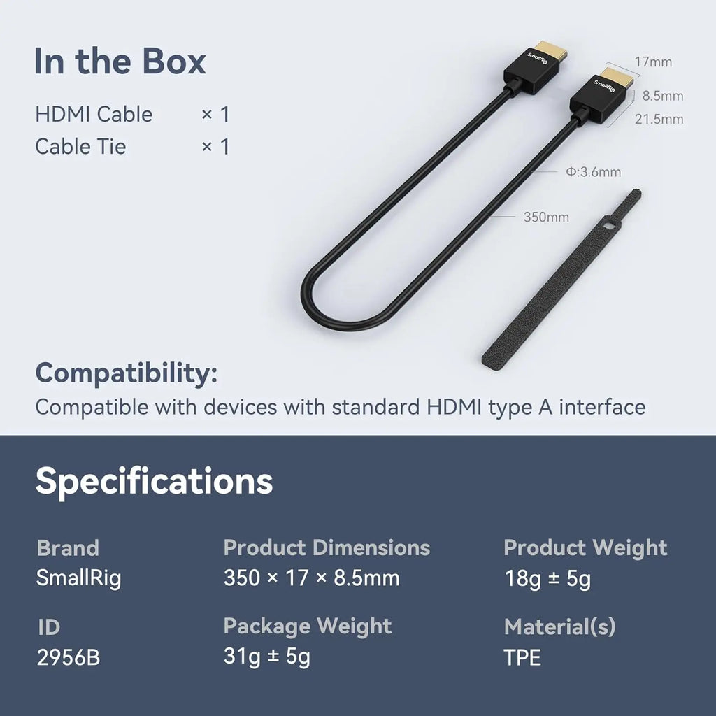 SmallRig Ultra Slim 4K HDMI Data Cable A to A 35cm 2956B SMALLRIG
