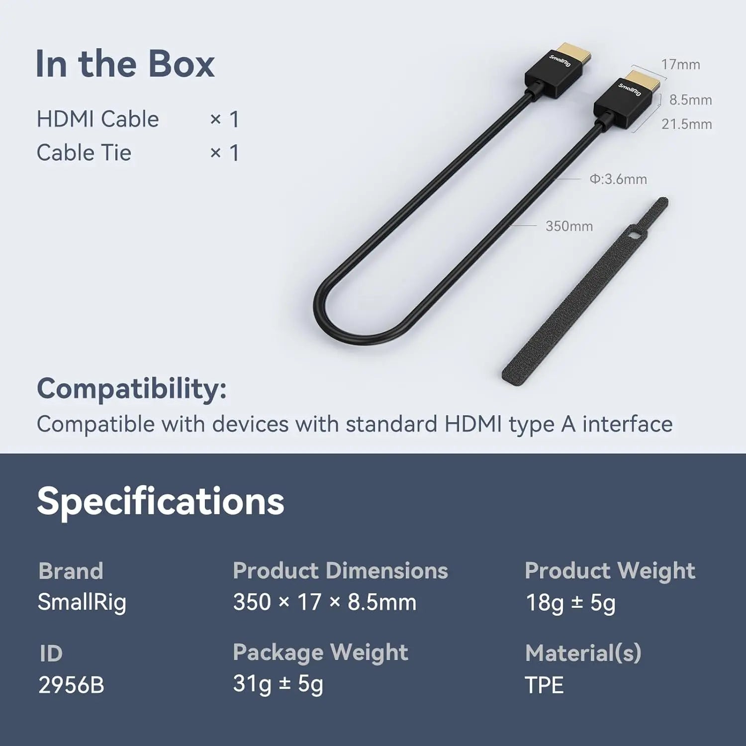 SmallRig Ultra Slim 4K HDMI Data Cable A to A 35cm 2956B SMALLRIG