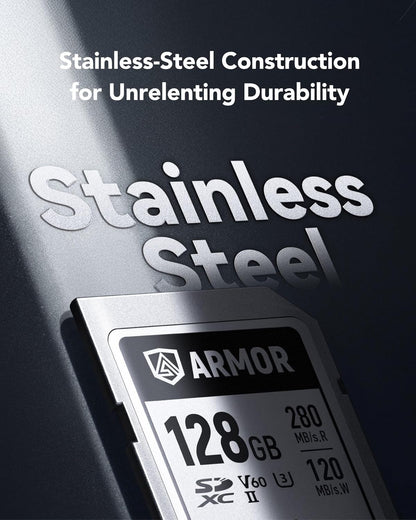 Lexar Armor Silver PRO 128GB UHS-II SDXC Memory Card, Stainless Steel Build, High-Speed Performance for 6K Video