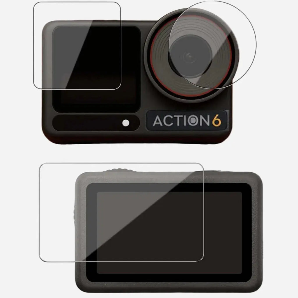Action camera with screen protectors on a white background
