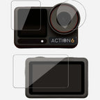 Action camera with screen protectors on a white background