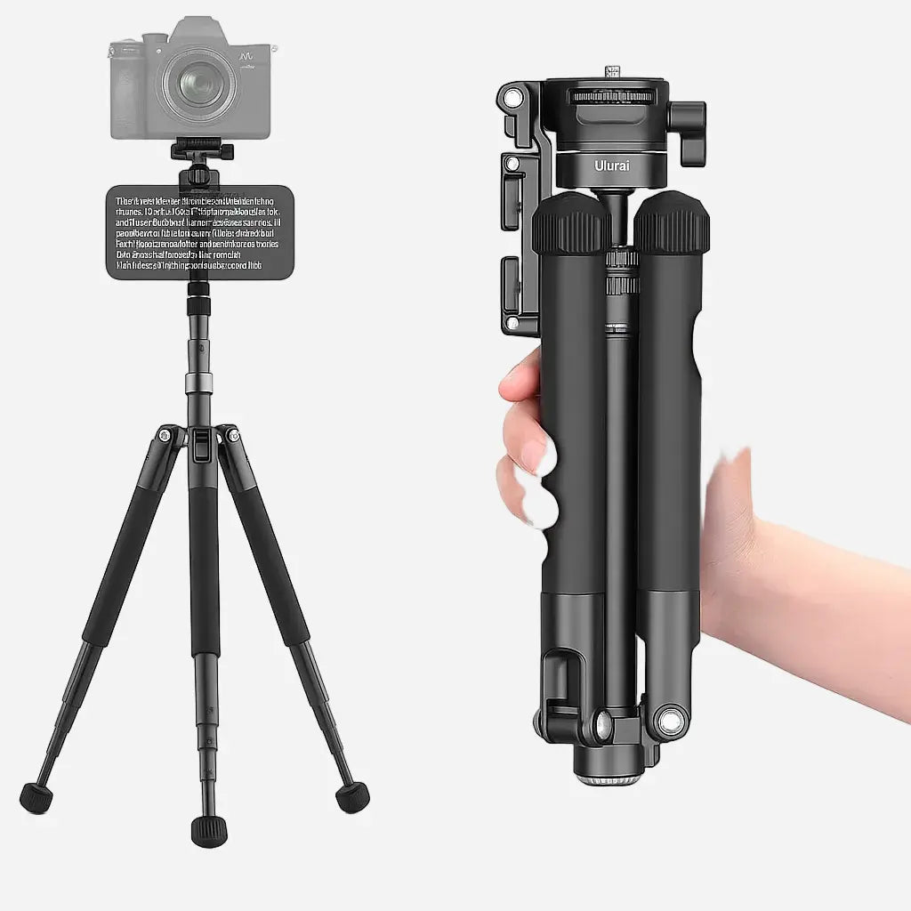 Camera tripod with camera attached, held by a hand on a white background