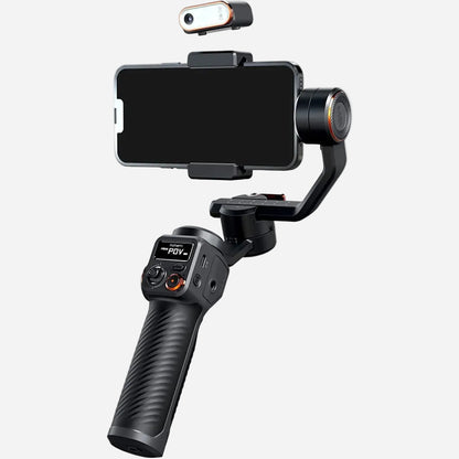 Handheld camera stabilizer with smartphone mount on a white background