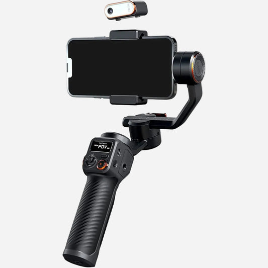 Handheld camera stabilizer with smartphone mount on a white background