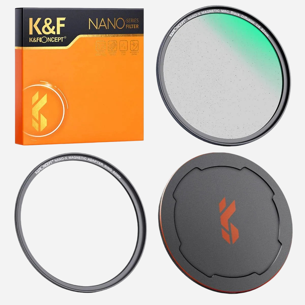 K&F Concept camera lens filter set with packaging, filter, and cap on a white background