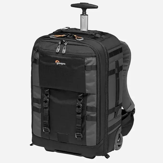 Black travel backpack with wheels on a white background