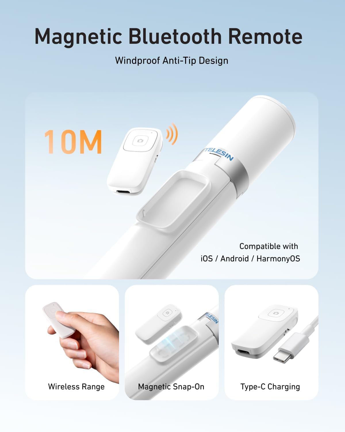 TELESIN 70 Gravity Auto-Open Phone Tripod Stand – Selfie Stick with Bluetooth Remote