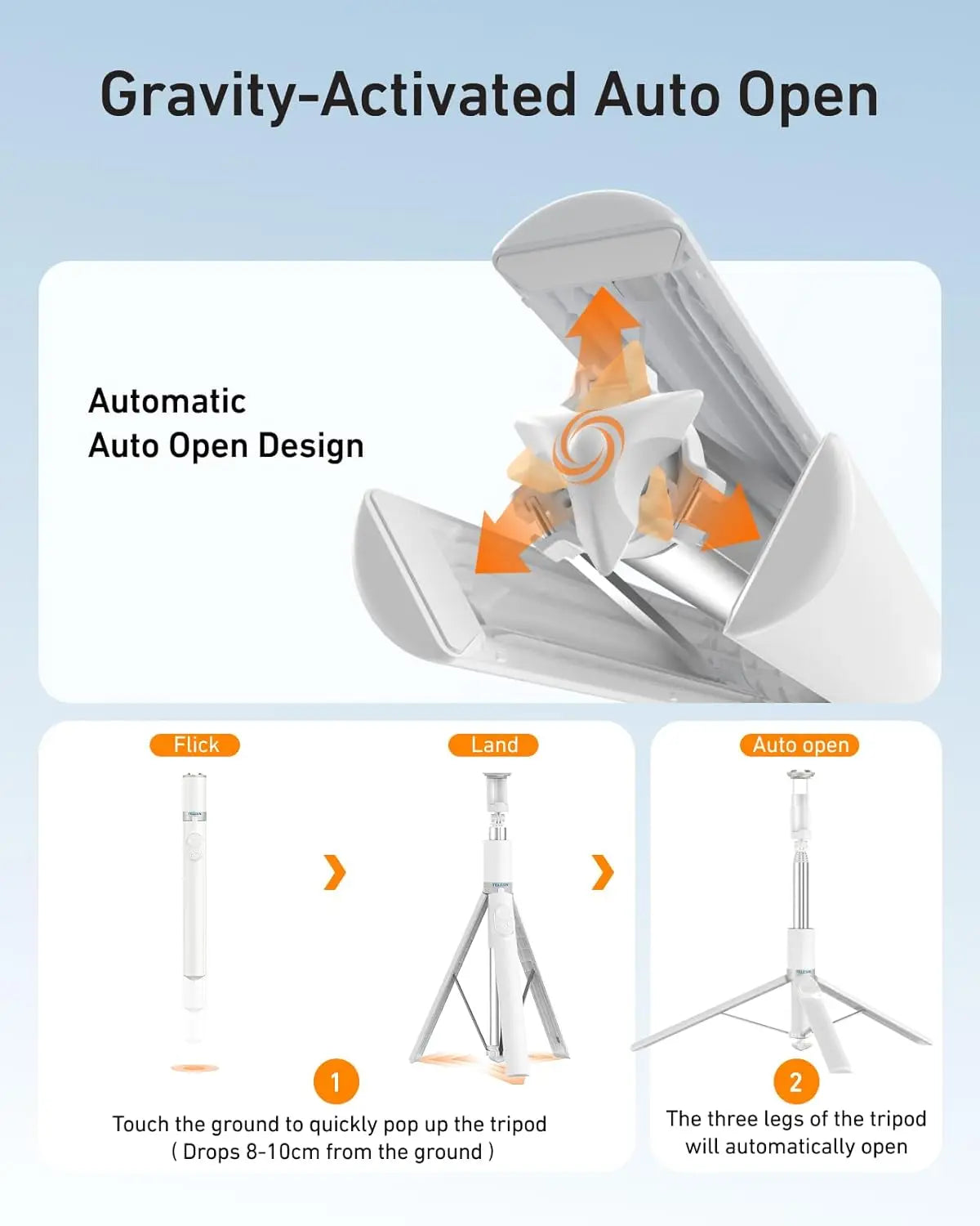 TELESIN 70 Gravity Auto-Open Phone Tripod Stand â€“ Selfie Stick with Bluetooth Remote TELESIN