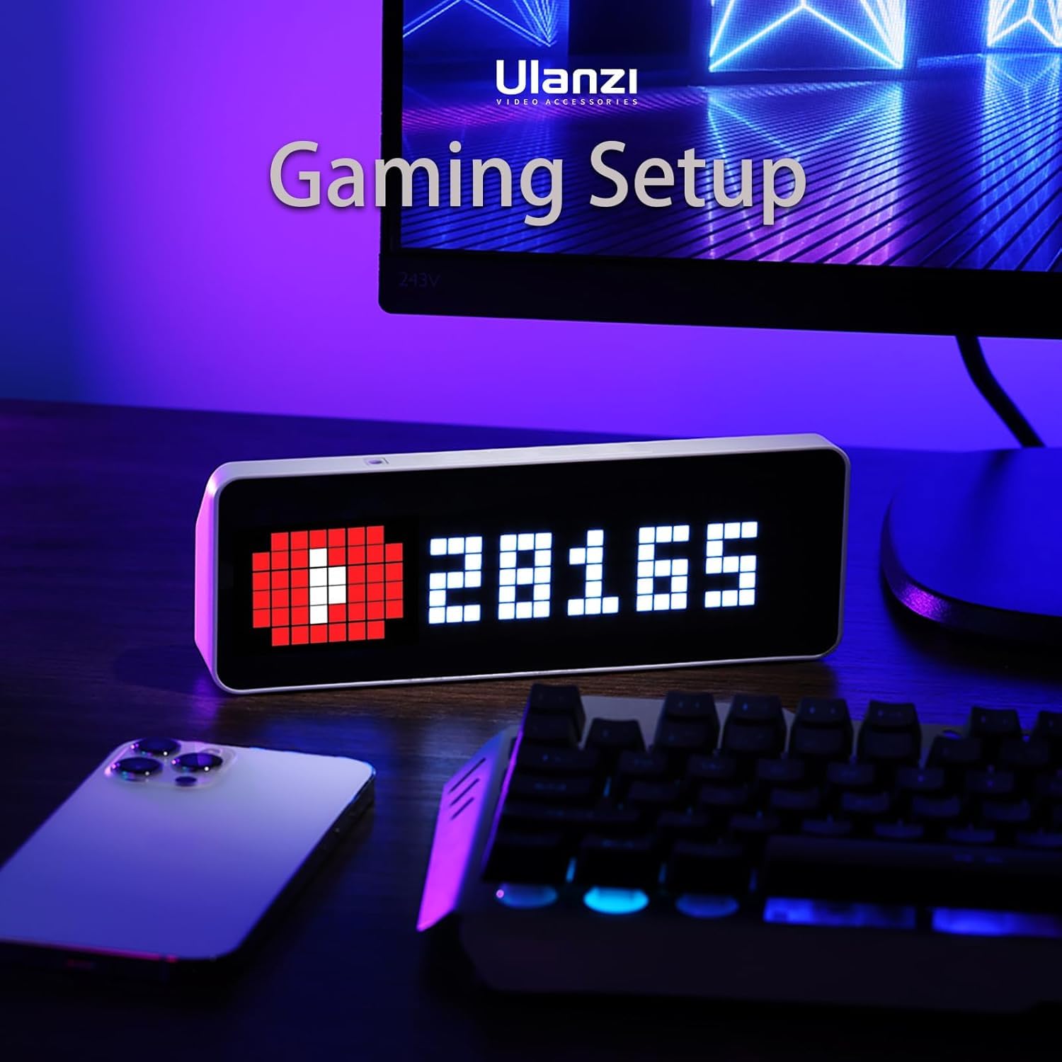 Ulanzi TC001 Pixel Clock showing YouTube subscriber count on a desk
