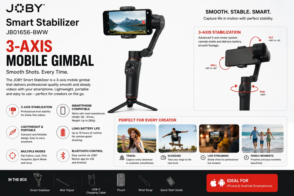 JOBY Smart Stabilizer JB01656-BWW 3-axis mobile gimbal feature infographic